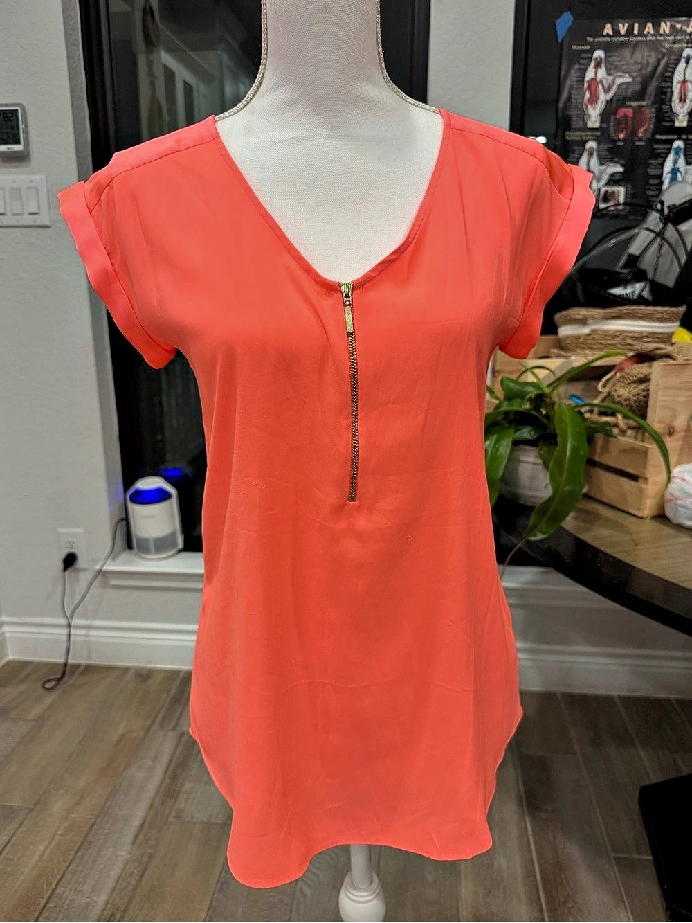 Express Zip Front Cuffed Sleeve Blouse, Orange-Pink, Gold Detail, XS